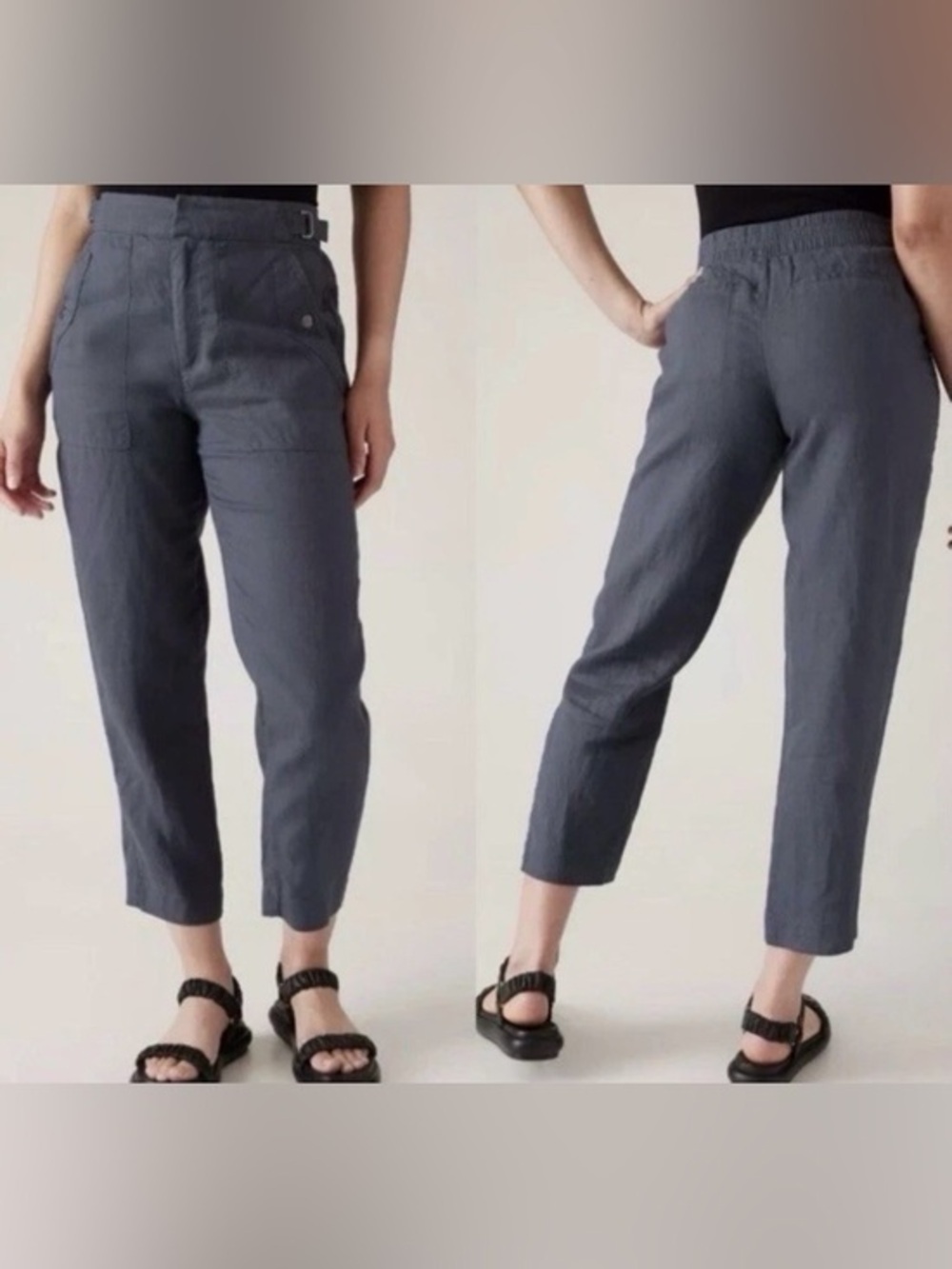 Athleta 100% Linen Blue Cropped Pants Size 10 Elastic Waist Casual‎